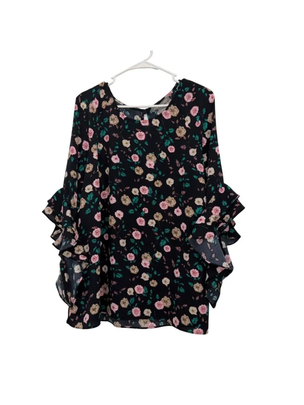 Kate & Mallory Women Black Floral 3/4 Ruffle Sleeve Blouse SZ XL 100% Polyester